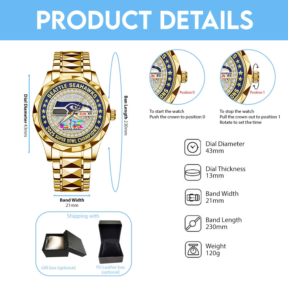 Seattle Seahawks 2025 Super Bowl LX Champions Alloy Luxury Quartz Watch – TMTHU3888