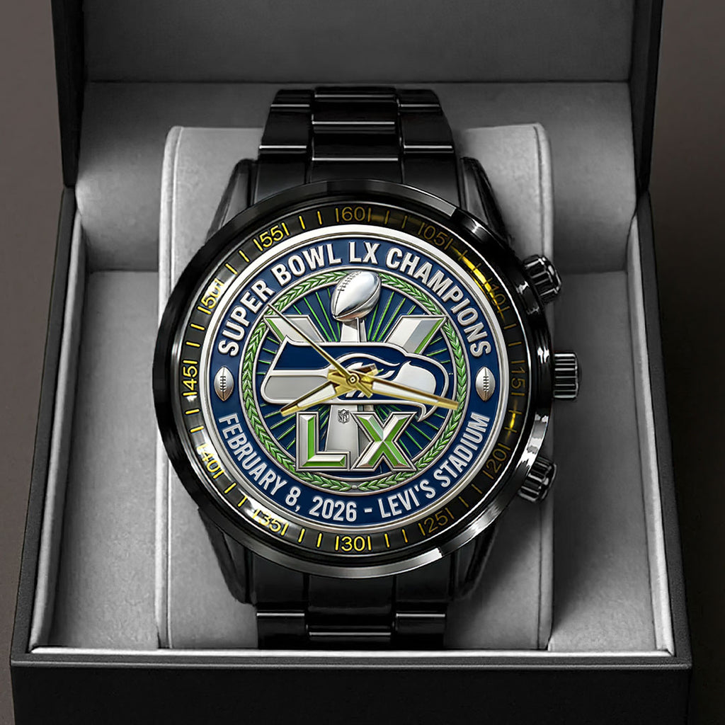Seattle Seahawks 2025 Super Bowl LX Champions Black Stainless Steel Watch – HOATT16156