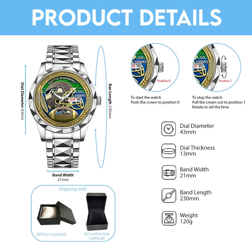 Seattle Seahawks Super Bowl LX Champions – Alloy Luxury Quartz Watch – MAITM14762