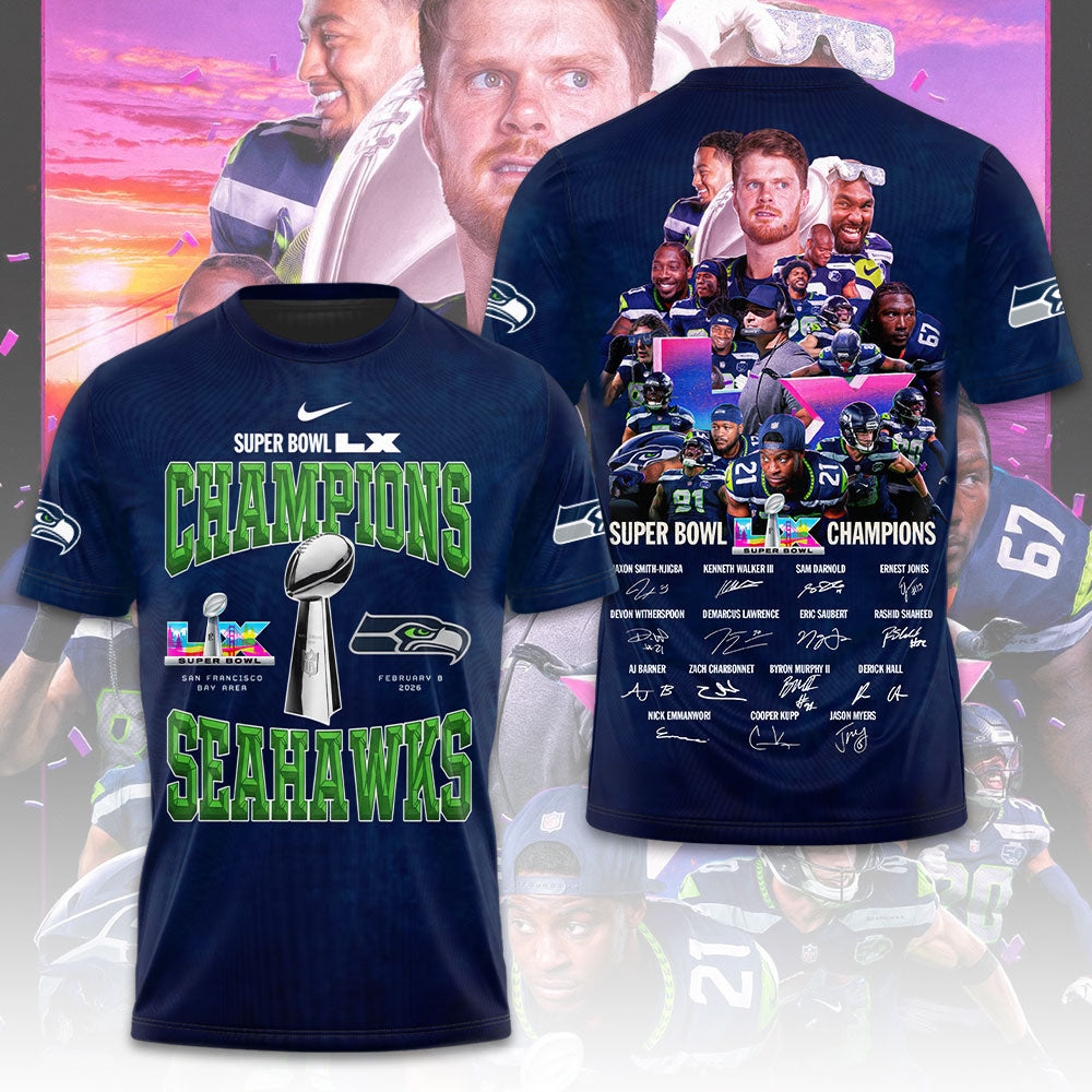 Seattle Seahawks 2025 Super Bowl LX Champions 3D Apparel – TMTHU3868
