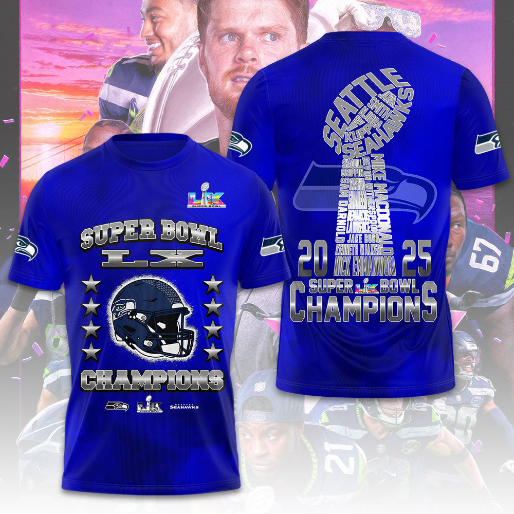 Seattle Seahawks 2025 Super Bowl LX Champions 3D Apparel – TMTHU3885
