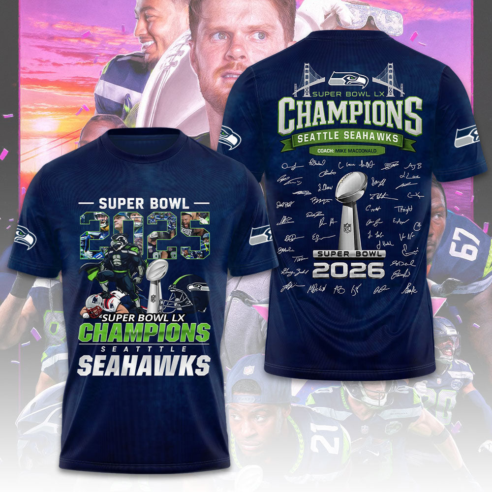 Seattle Seahawks 2025 Super Bowl LX Champions 3D Apparel – TMTHU3986