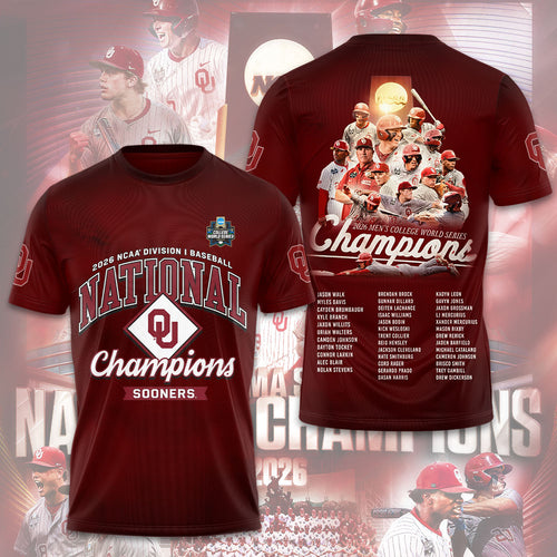 Oklahoma Sooners Champion 2026 NCAA Baseball Men's College World Series Champions 3D Apparel – TMTHU6999