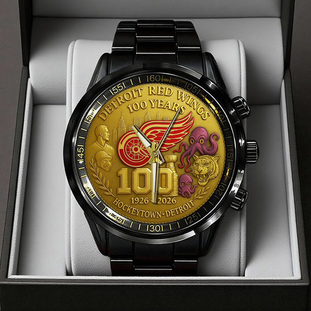 Detroit Red Wings 100th Anniversary 2026 Black Stainless Steel Watch – TANTN16097