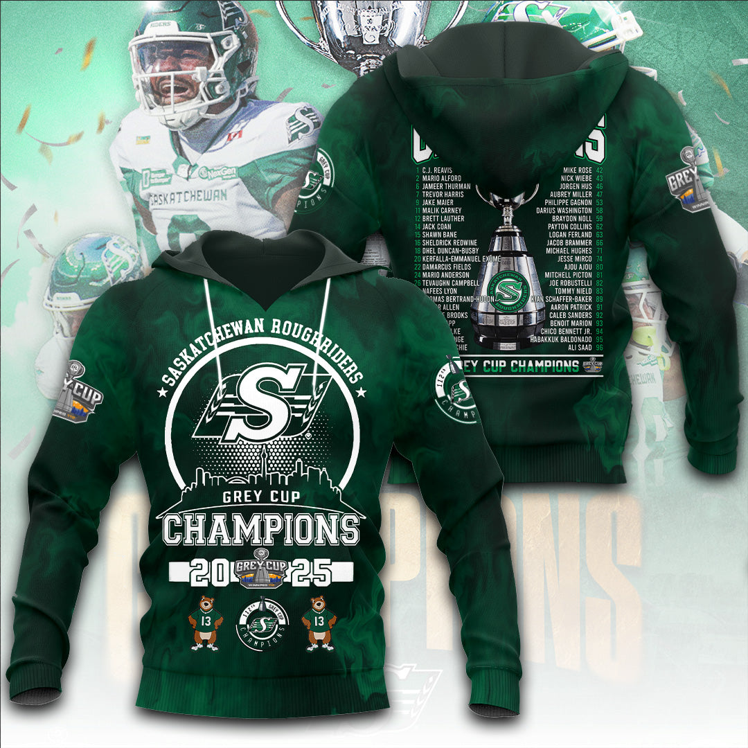 Saskatchewan Roughriders 2025 Grey Cup Champions 3D Apparel – TANTN18833