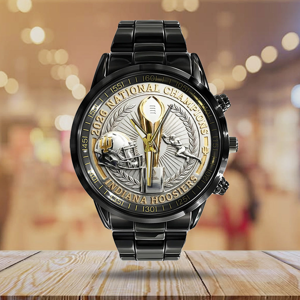 Indiana Hoosiers Football 2025 National Champions Black Stainless Steel Watch – TANTN20479