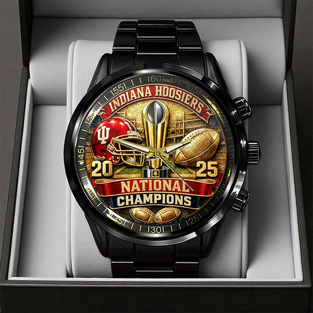 Indiana Hoosiers Football 2025 National Champions Black Stainless Steel Watch – TANTN20498