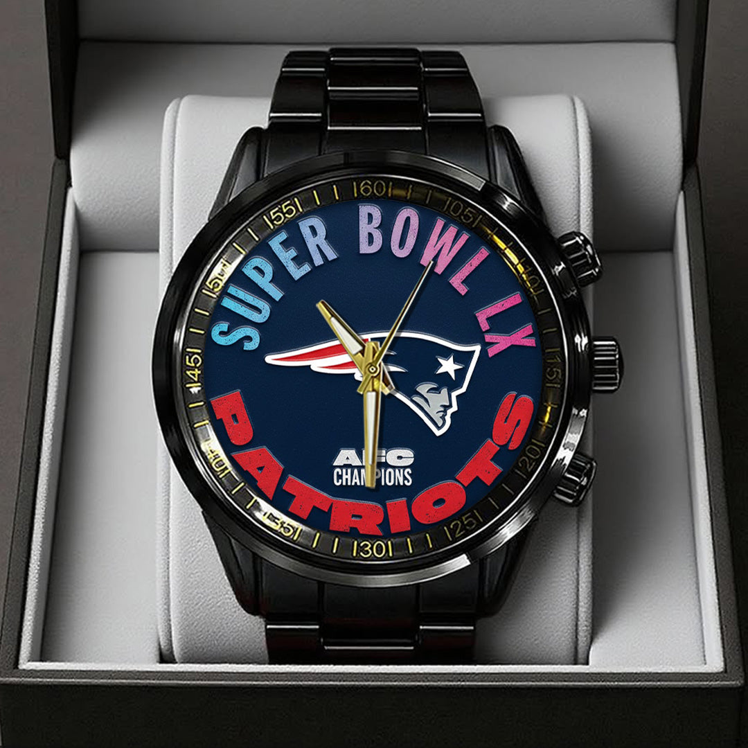 New England Patriots 2025 AFC Champions Black Stainless Steel Watch – TANTN20641