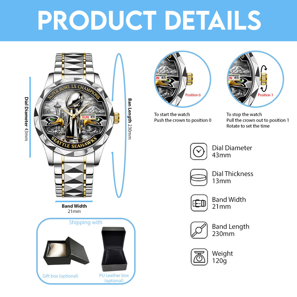 Seattle Seahawks 2025 Super Bowl LX Champions Alloy Luxury Quartz Watch – TANTN21015