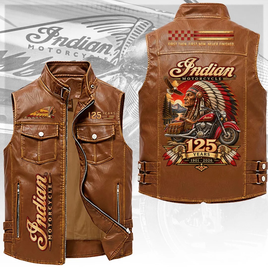 Indian Motorcycle 125th Anniversary 2026 Premium 2D Sleeveless Leather Vest – TANTN26356