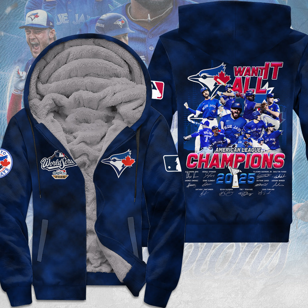 Toronto Blue Jays 2025 American League Champions 3D Fleece Zip Hoodie – MAITM13787