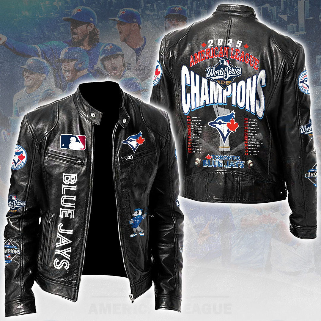 Toronto Blue Jays 2025 American League Champions Motorcycle Leather Jacket – HOATT14692