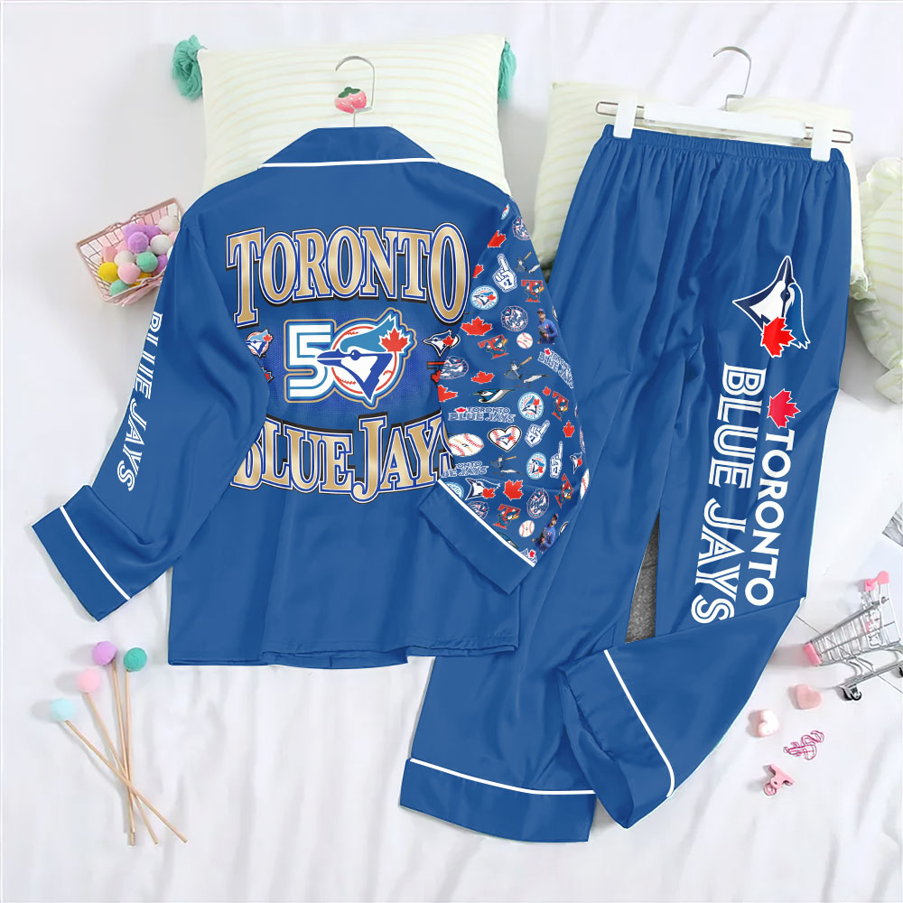 Toronto Blue Jays 50th Anniversary Satin Pajama Set with Piping – TANTN22276