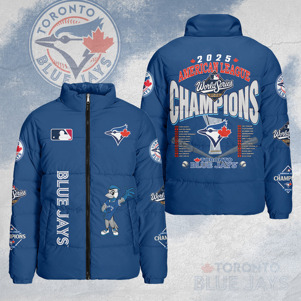 Toronto Blue Jays 2025 American League Champions 3D Stand Collar Puffer Jacket – HOATT14840
