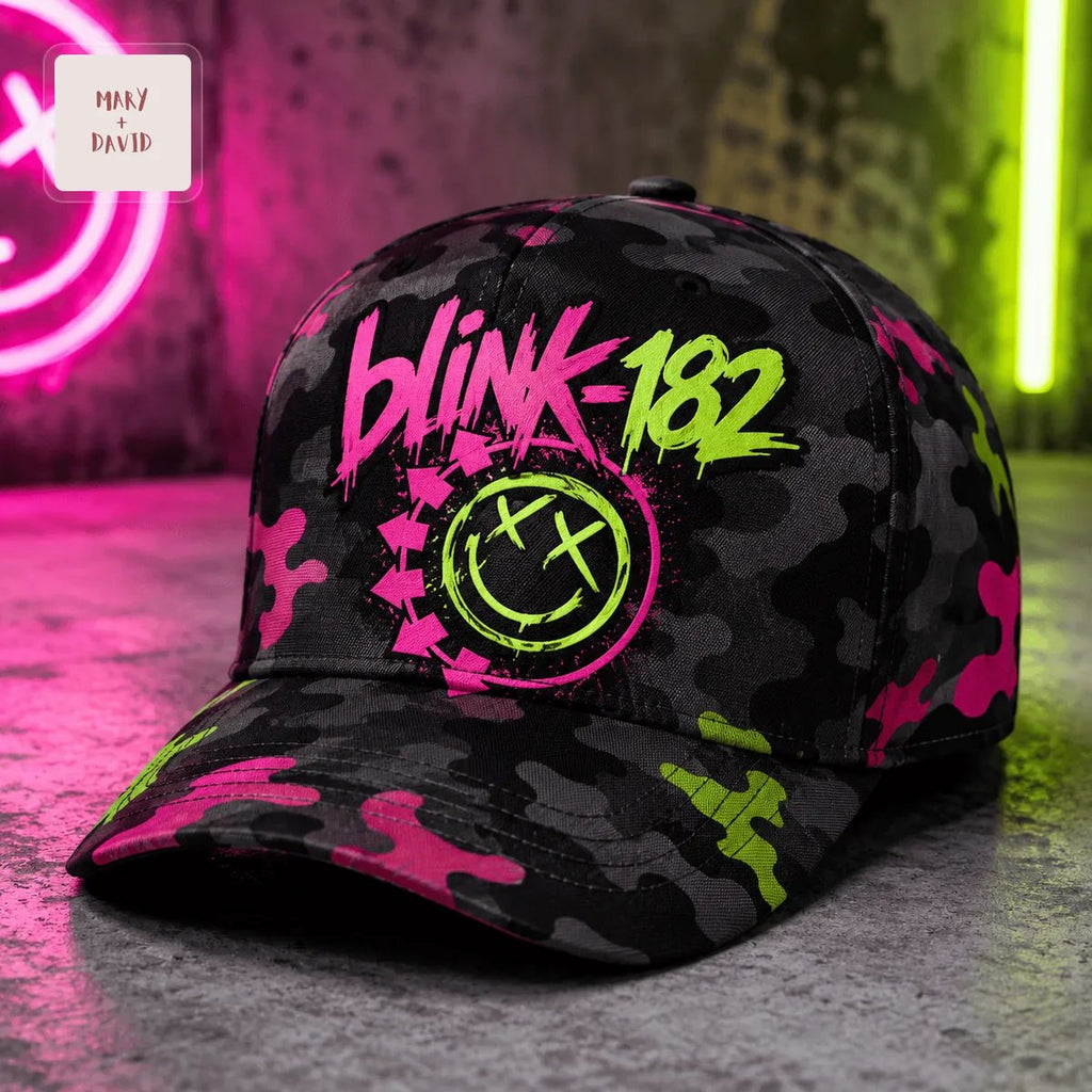 Blink-182 Neon Chaos Smiley Camo Pop Punk Rock Baseball Cap