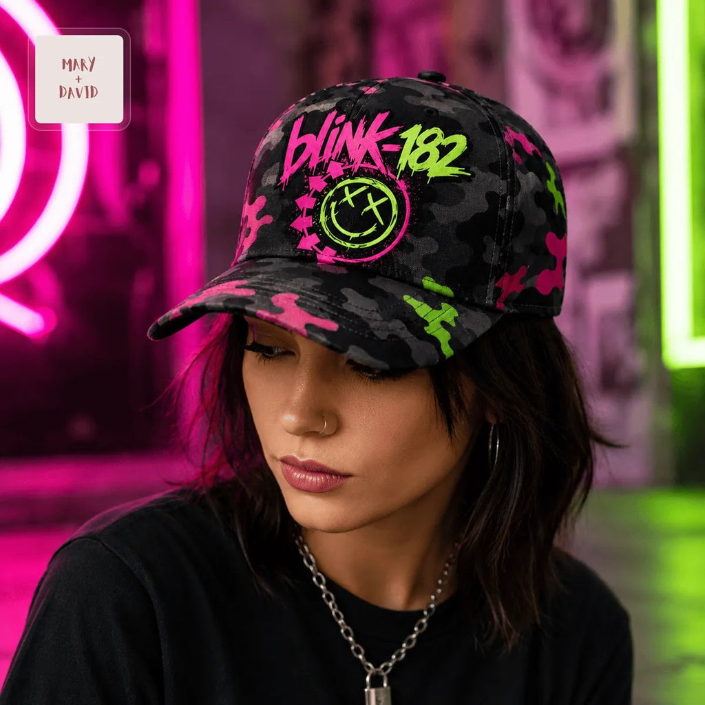 Blink-182 Neon Chaos Smiley Camo Pop Punk Rock Baseball Cap