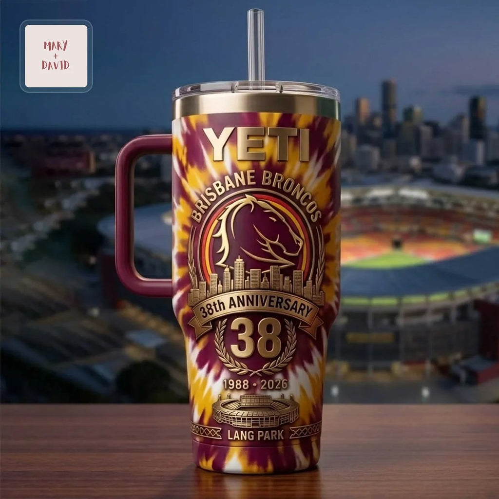 Brisbane Broncos NRL 38th Anniversary 1988-2026 Commemorative Tie Dye Insulated Handle Tumbler