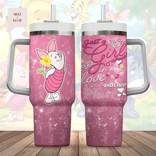 Cute Winnie the Pooh Piglet Just a Girl in Love Pink Sparkle Insulated 40oz Tumbler with Handle
