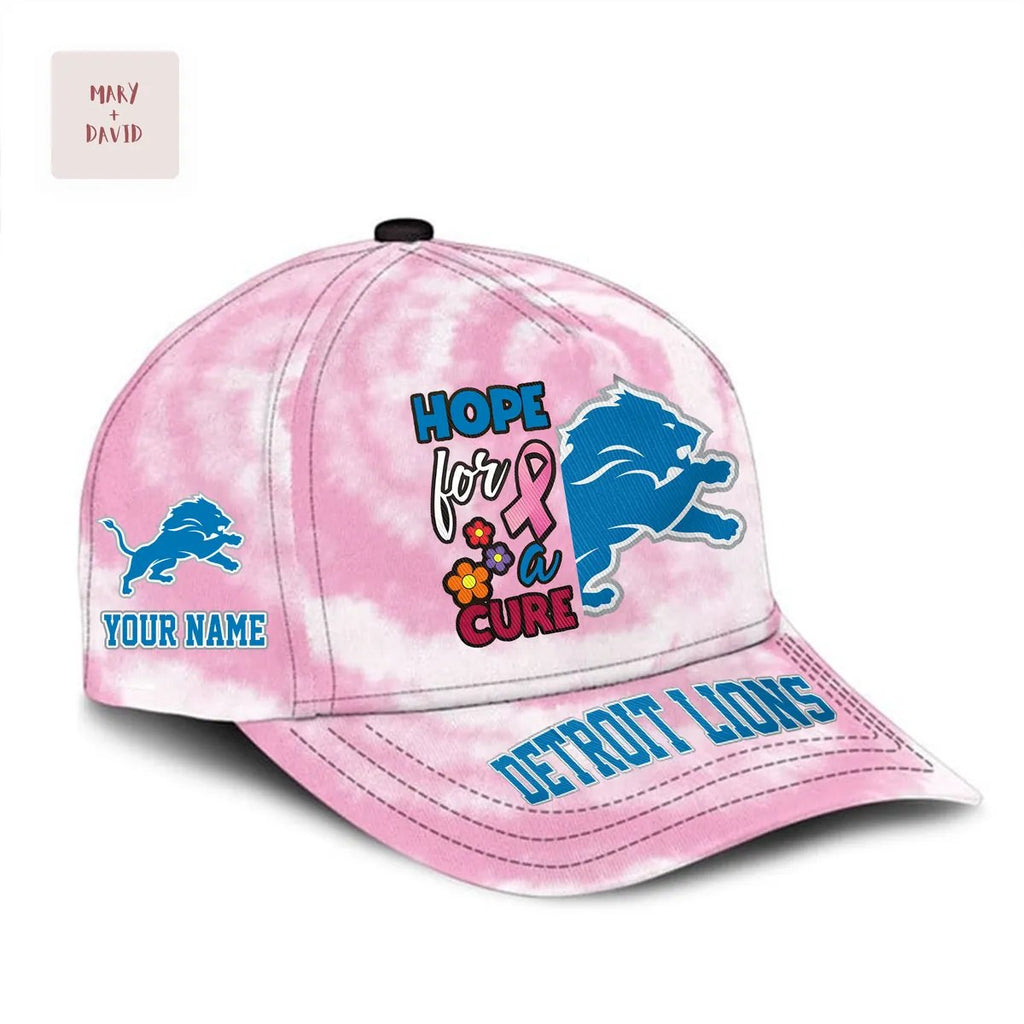 Detroit Lions Breast Cancer Awareness Personalized Hope for a Cure Pink Tie Dye Baseball Cap