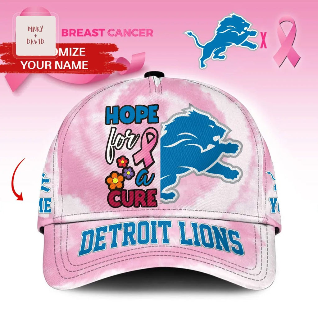 Detroit Lions Breast Cancer Awareness Personalized Hope for a Cure Pink Tie Dye Baseball Cap