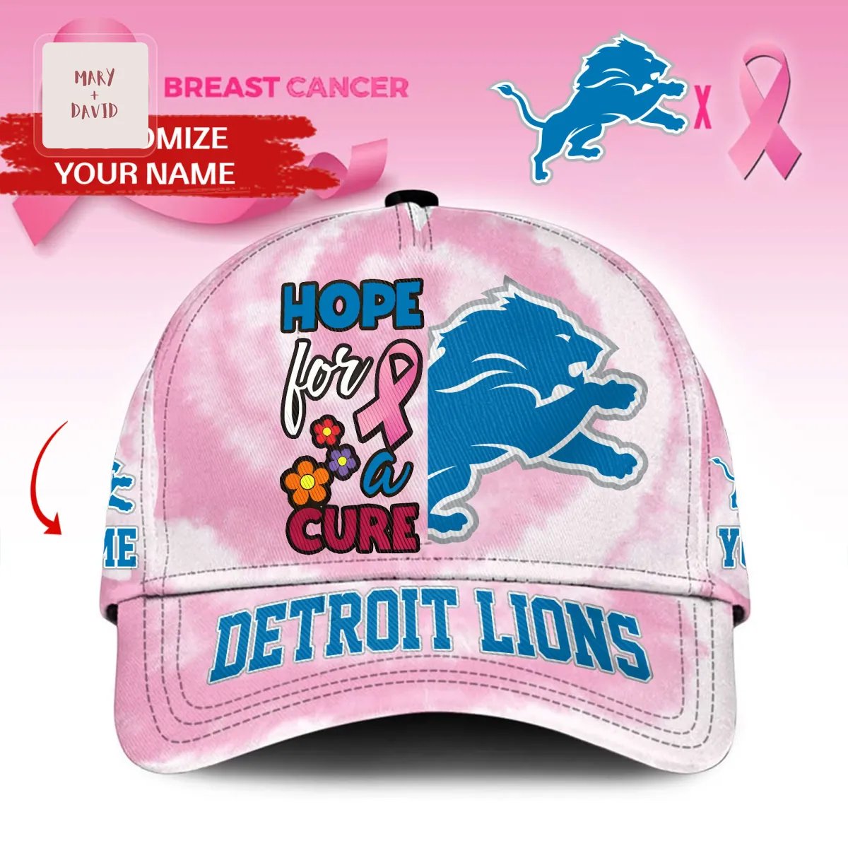 Detroit Lions Breast Cancer Awareness Personalized Hope for a Cure Pink Tie Dye Baseball Cap