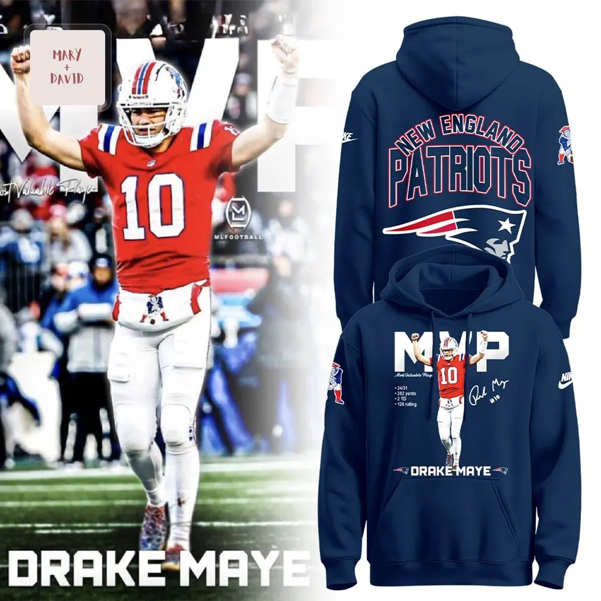 Drake Maye New England Patriots MVP Commemorative Graphic Pullover Hoodie