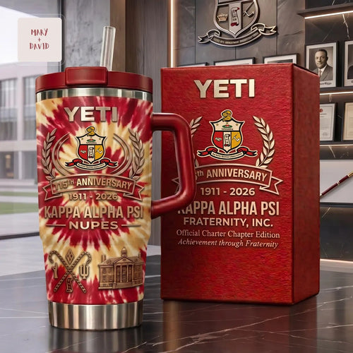 Kappa Alpha Psi Fraternity 115th Anniversary Nupes Crimson and Cream Insulated Stainless Steel Handle Tumbler