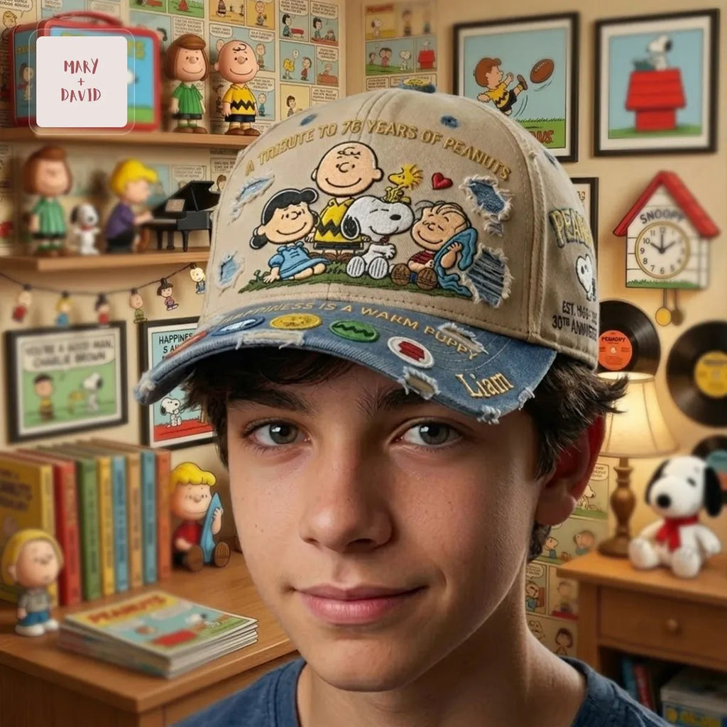 Peanuts 76th Anniversary Snoopy and Charlie Brown Personalized Distressed Vintage Denim Cap