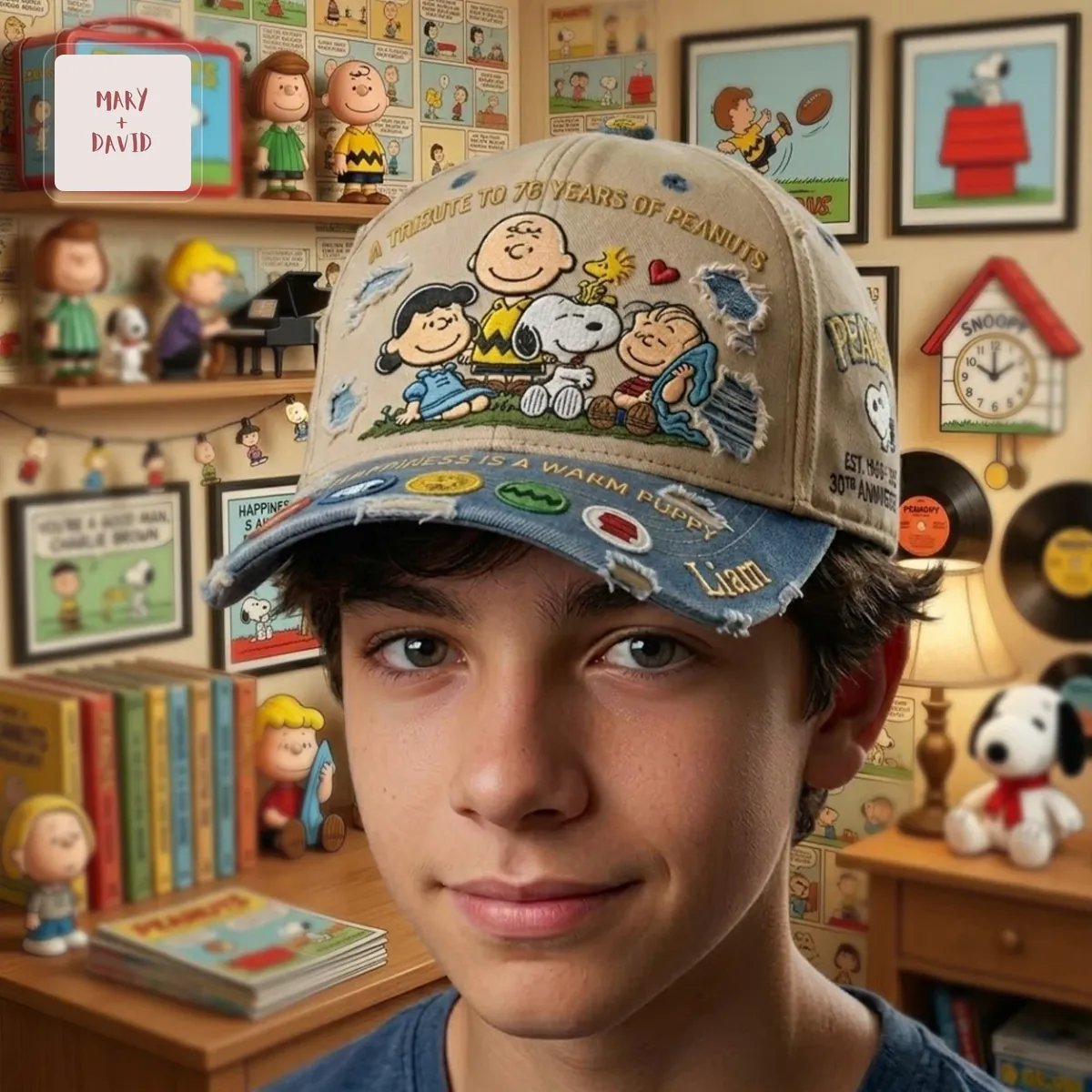 Peanuts 76th Anniversary Snoopy and Charlie Brown Personalized Distressed Vintage Denim Cap
