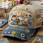 Peanuts 76th Anniversary Snoopy and Charlie Brown Personalized Distressed Vintage Denim Cap