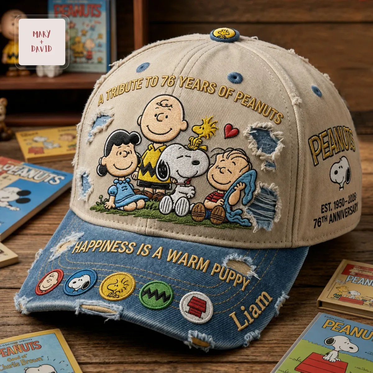 Peanuts 76th Anniversary Snoopy and Charlie Brown Personalized Distressed Vintage Denim Cap