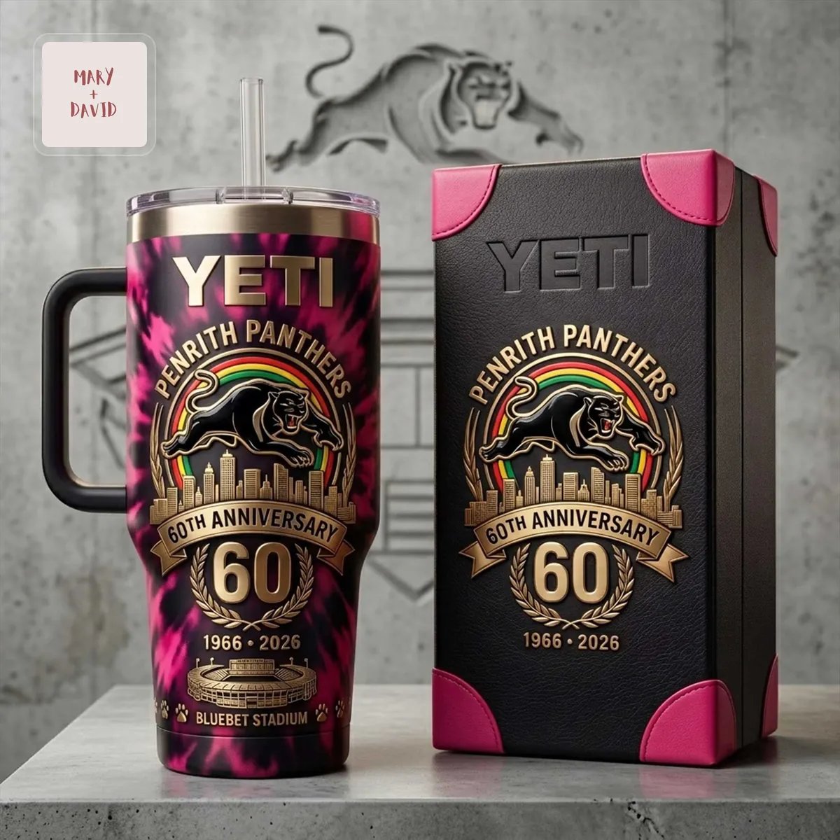Penrith Panthers 60th Anniversary Commemorative 1966-2026 Pink Tie-Dye Stainless Steel Handle Tumbler
