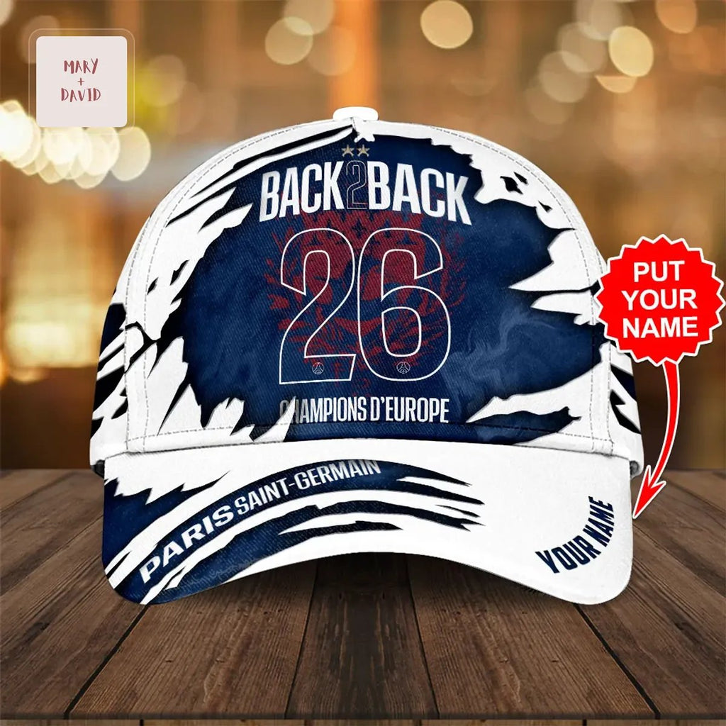 Personalized Paris Saint-Germain Back-to-Back 26 Champions of Europe Baseball Cap