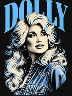 Dolly Parton Arched Blue Title Big Hair Denim Jacket Looking Up Shirt