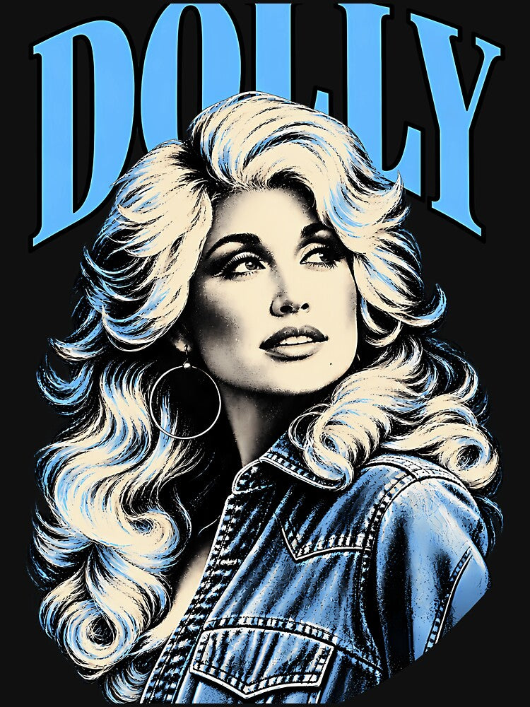 Dolly Parton Arched Blue Title Big Hair Denim Jacket Looking Up Shirt