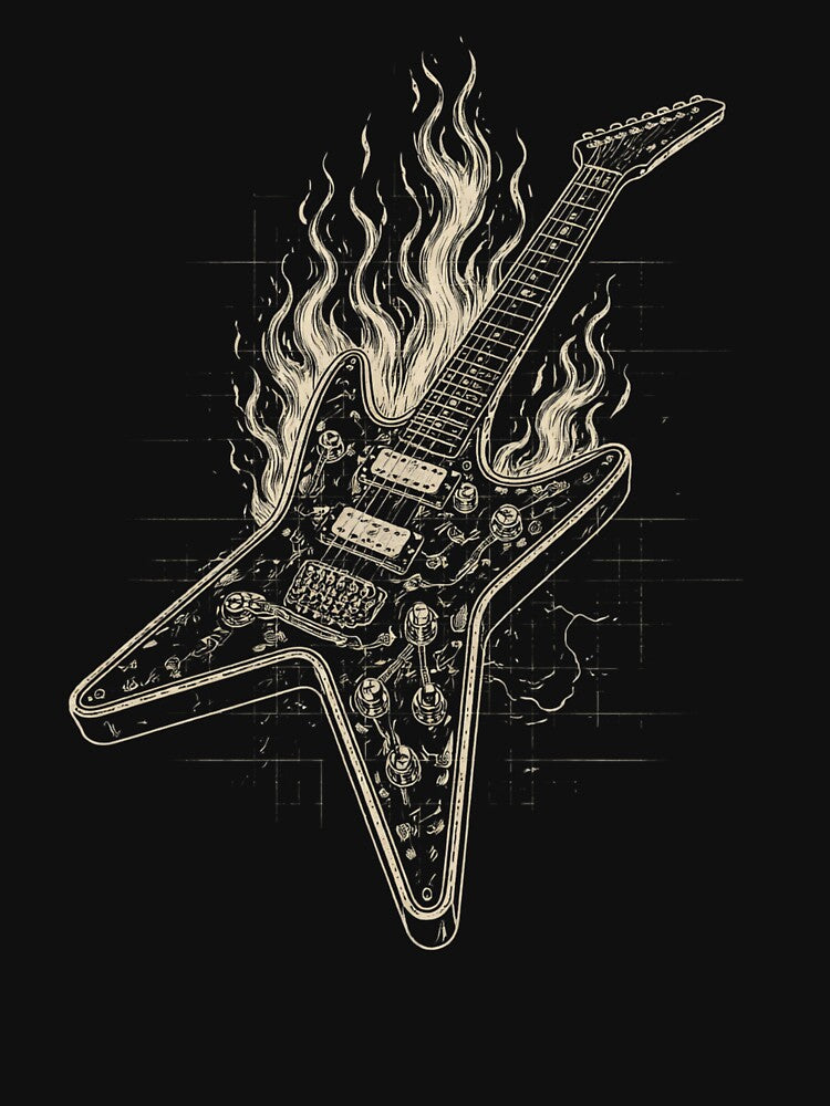 Burning Guitar Blueprint Vintage Metal Heat Design Shirt