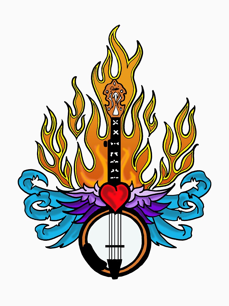 Tattoo Style Flaming Heart Banjo With Wings Shirt