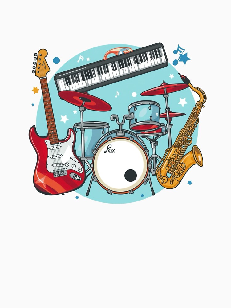 Cool Cartoon Musical Instruments Guitar Drums Keyboard & Saxophone Shirt