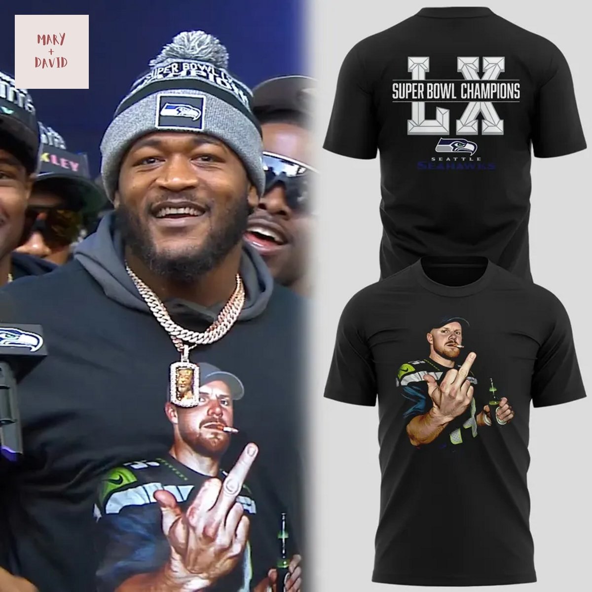 Seattle Seahawks Sam Darnold Middle Finger Super Bowl LX Champions 2-26 3D T-Shirt