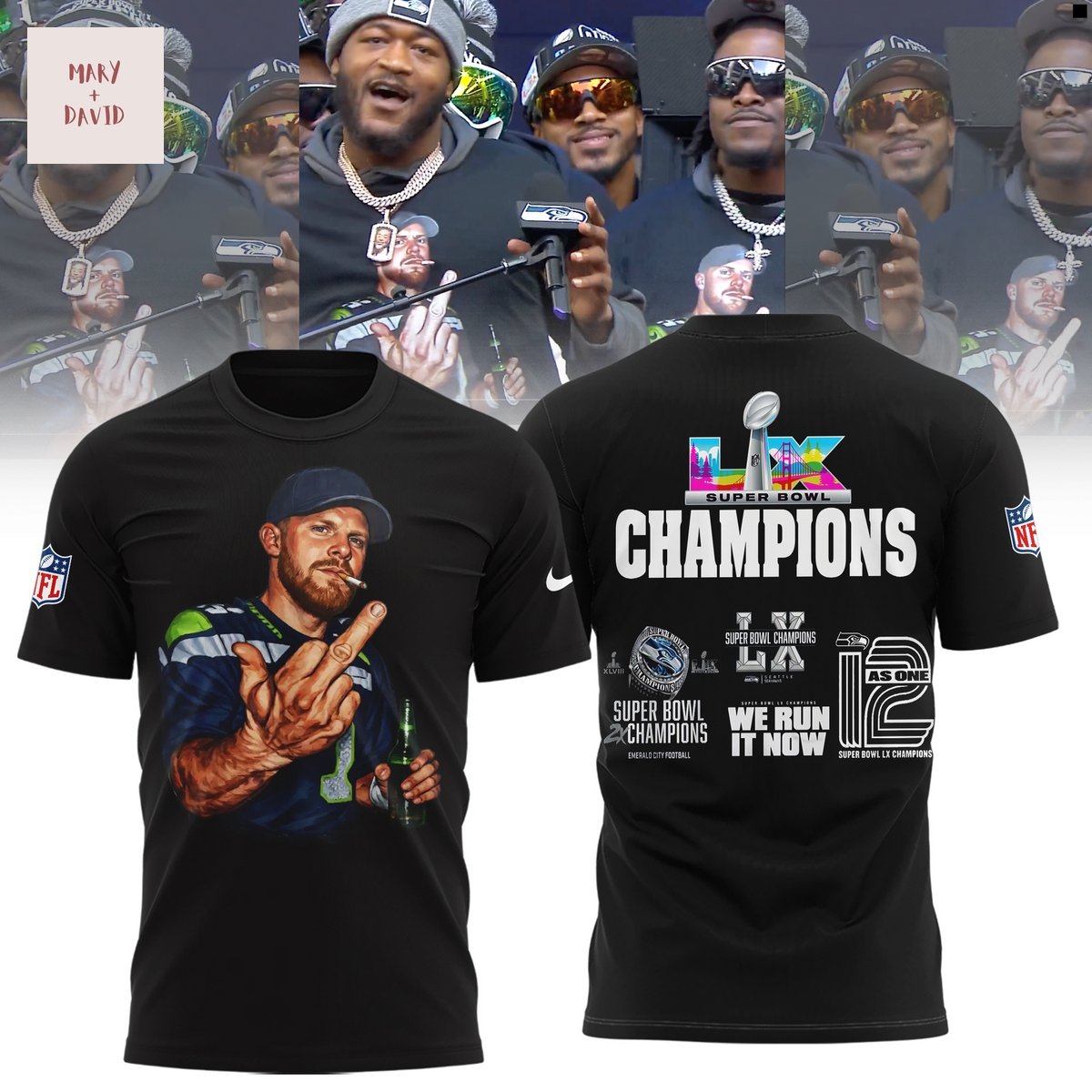 Seattle Seahawks Sam Darnold Middle Finger Super Bowl LX Champions 3D T-Shirt - Black