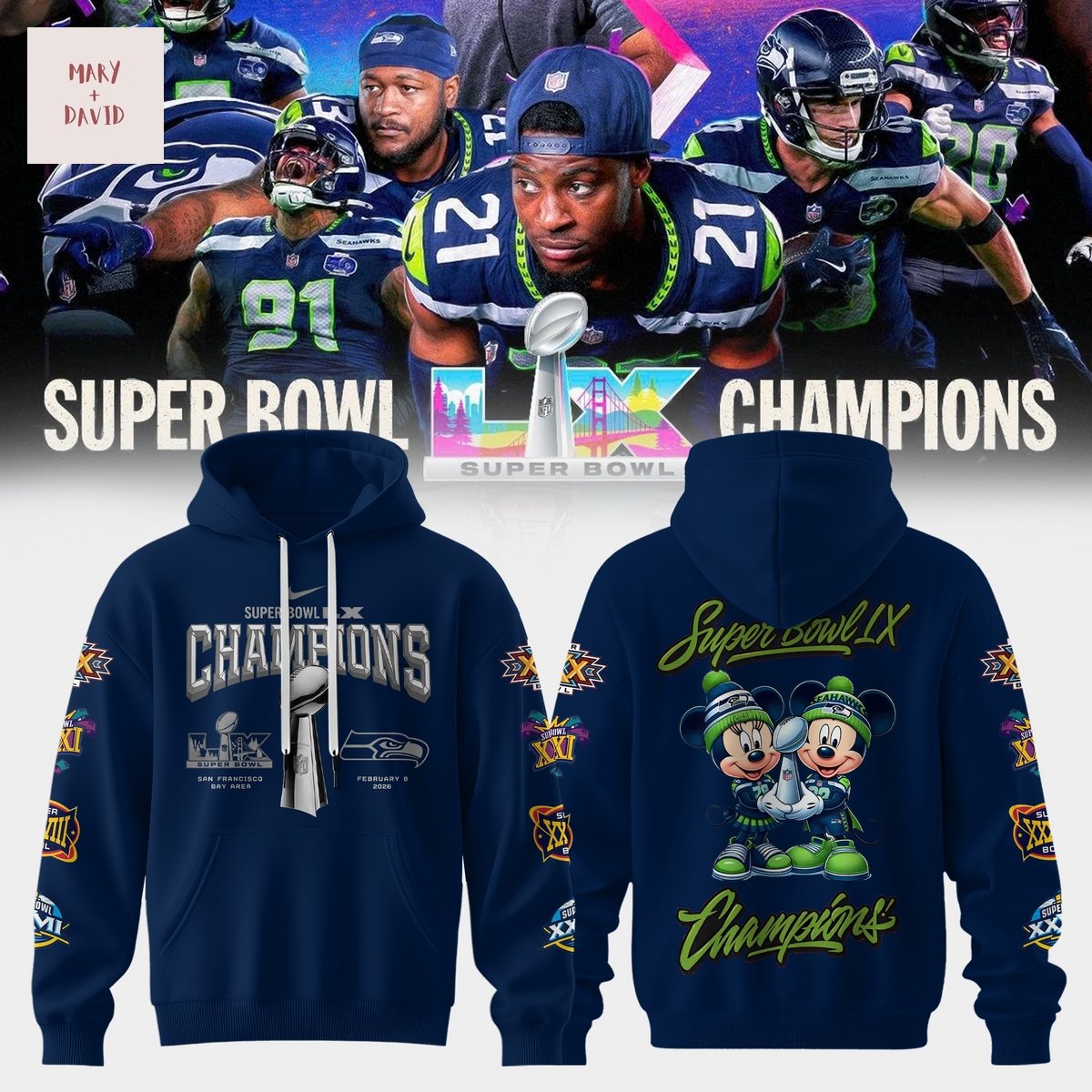 Seattle Seahawks Super Bowl LX Champions Mickey Mouse Hooide