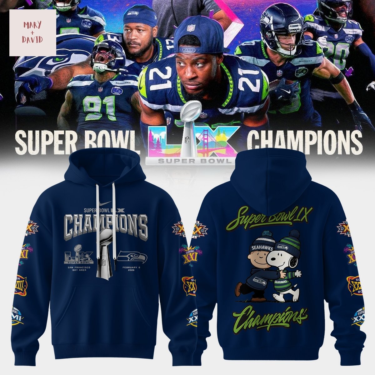 Seattle Seahawks Super Bowl LX Champions Peanuts Hooide