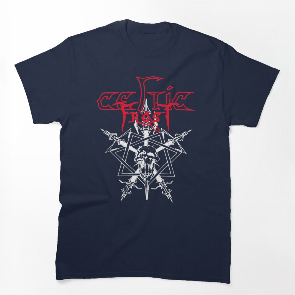 Skull Overlapping Star Symbol With Red Font Header Shirt