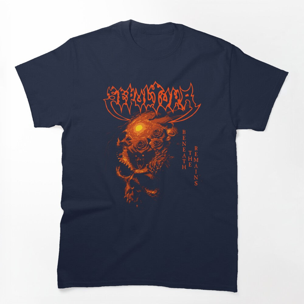 Dark Skull Illustration Surrounded By Roses In A Red Shirt