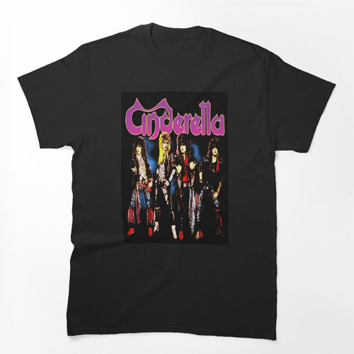 Long-Haired Rock Musicians Posing Under Purple Script Band Shirt