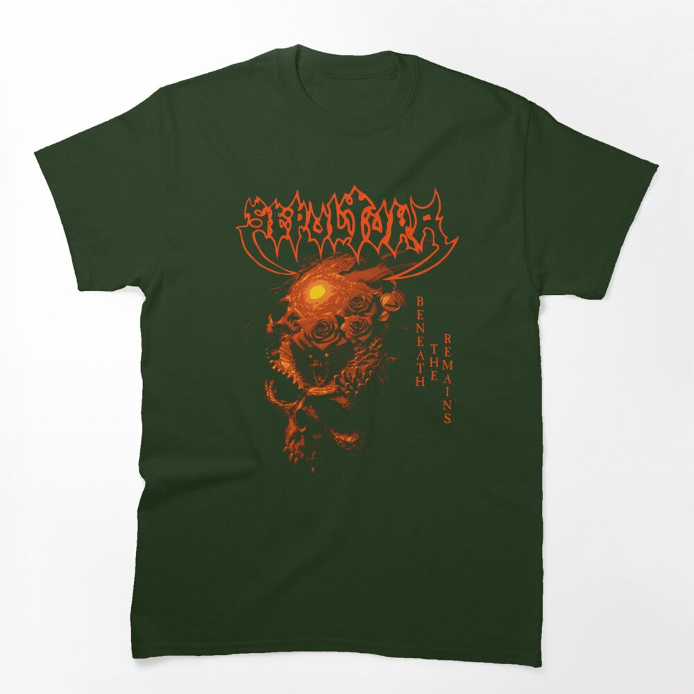 Dark Skull Illustration Surrounded By Roses In A Red Shirt