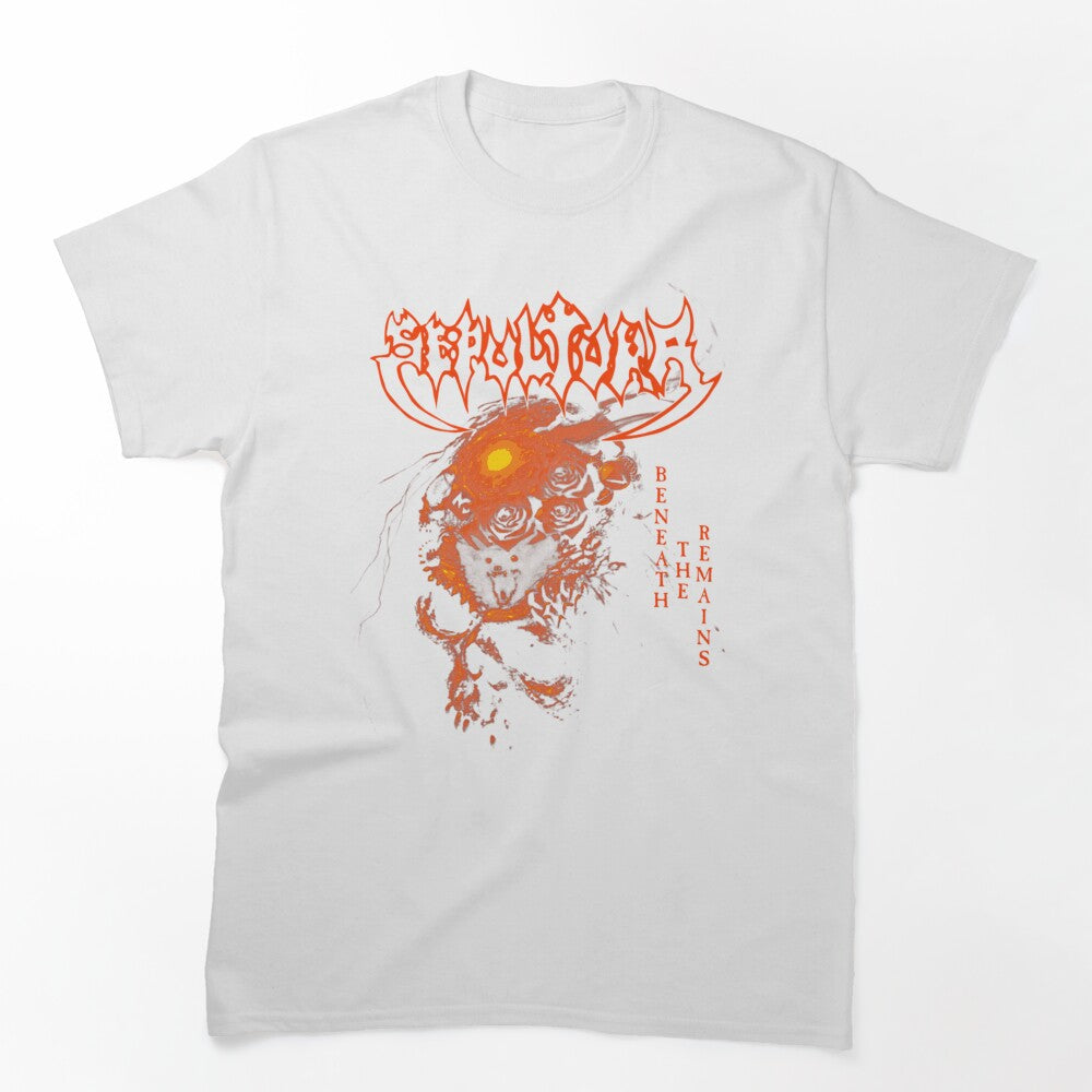 Dark Skull Illustration Surrounded By Roses In A Red Shirt