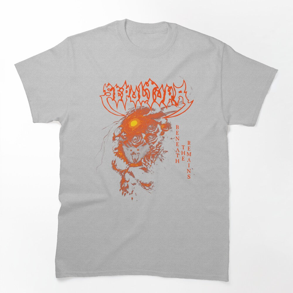 Dark Skull Illustration Surrounded By Roses In A Red Shirt