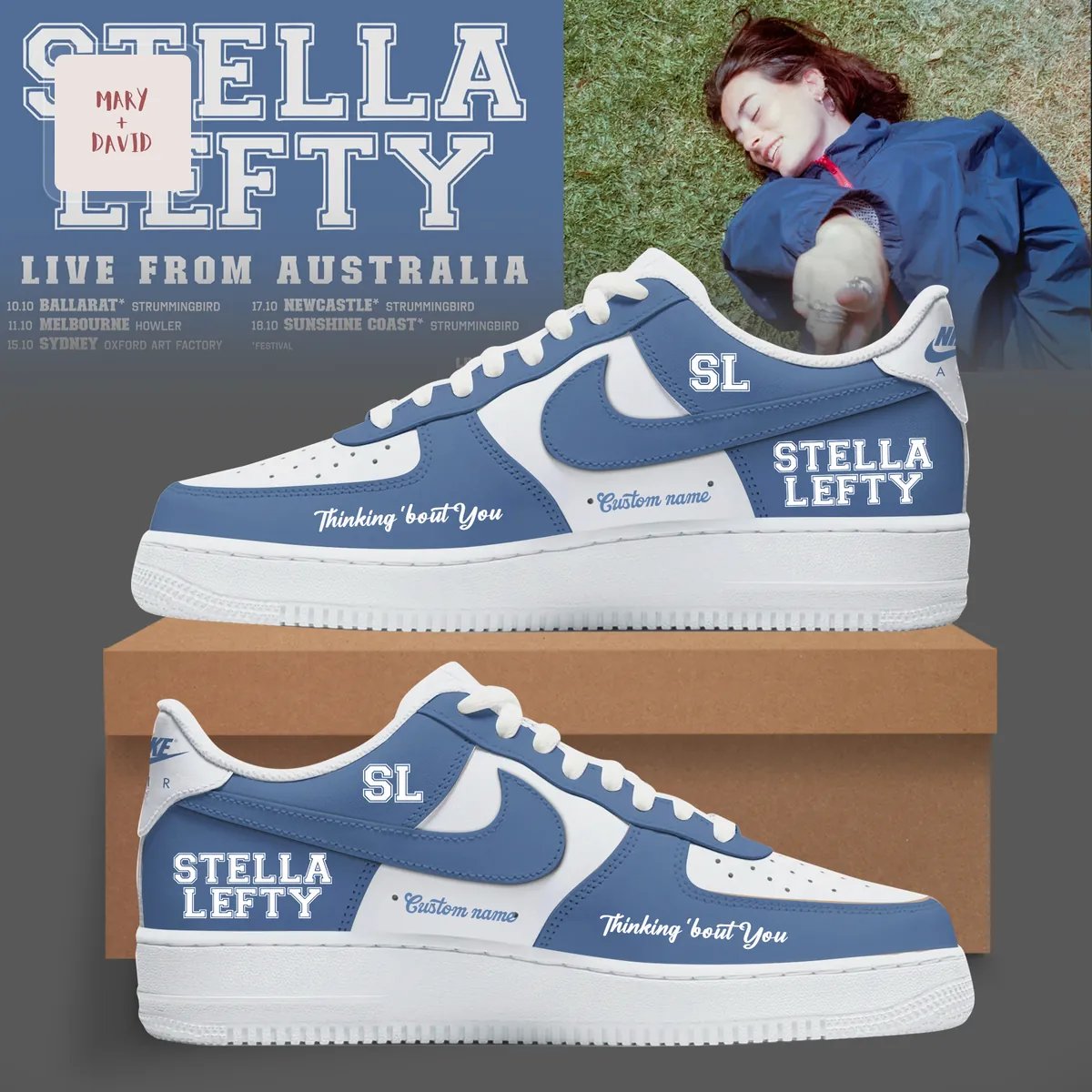 Stella Lefty Australia Tour Personalized Blue and White Custom Air Force 1 Sneakers