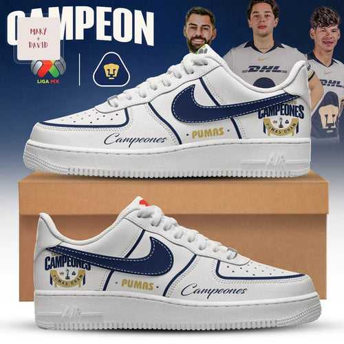 UNAM Pumas Liga MX 2026 Campeones Commemorative White and Blue Custom Air Force 1 Sneakers